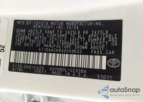2025 Toyota Camry Se from USA, damaged, VIN 4T1DAACK8SU549633